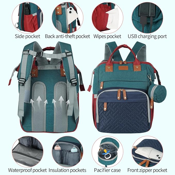 large diaper bag backpack,baby bag with changing station for Boys Girls,Multifunctional Diaper Bag,Mommy Bag With USB Charging Port(Blue-green-red)
