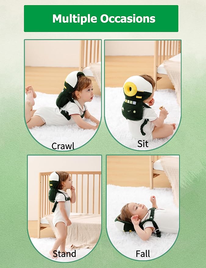 JunNeng Baby Head Protector Backpack Memory Foam, 3-Sided Fall Head Safety Protection (Green UFO)