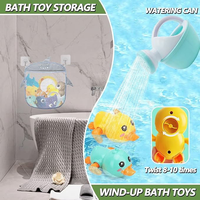 Bath Toys for Kids Ages 1-3, No Hole Bath Toys for Babies 6-12 Months, Wind-up Ducks Baby Pool Toys, Rubber Duck Watering Can Fishing Net Water Toys for Toddlers, Bath Toy Storage, Halloween Toy
