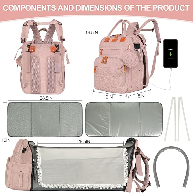 large diaper bag backpack,baby bag with changing station for Boys Girls,Multifunctional Diaper Bag,Mommy Bag With USB Charging Port(Pink)