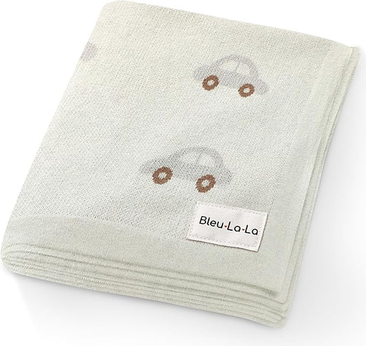 Knit Baby Blanket for Girls and Boys 100% Cotton Buttery Soft Cozy Receiving Swaddle Stroller Blanket for Shower Gift Registry for Newborns, Infants, Toddlers (Cars - Cream)