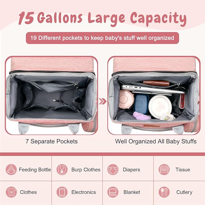 JOYCE Diaper Bag, with Diaper Changing Station, Multi-functional Large-capacity Diaper Bag Backpack, Best Gift for Newborns, Travel Essentials Diaper Bag Backpack (Pink)