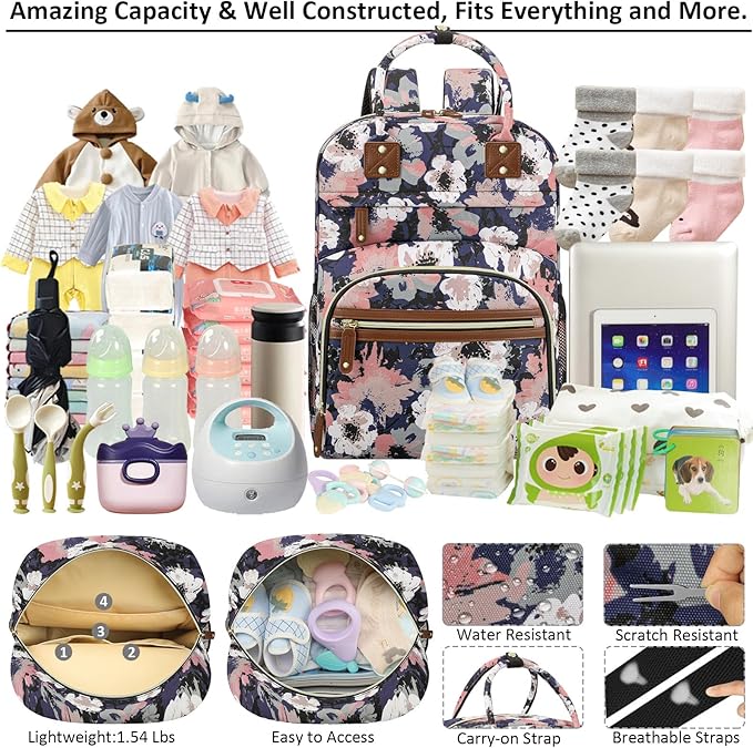 Diaper Bag Backpack Tote for Women Large Capacity, Multifunctional Waterproof Baby Bag with Insulated Pockets For Baby Girl Boy Mama, Maternity Bag Floral Painting