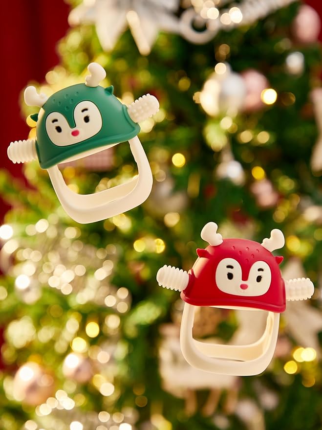 Smily Mia Baby Christmas Stocking Stuffers - Penguin Teether for 0-6M, Reindeer Chew Toys for 3-6M, Teething Mittens for 6-12M, Pine Green