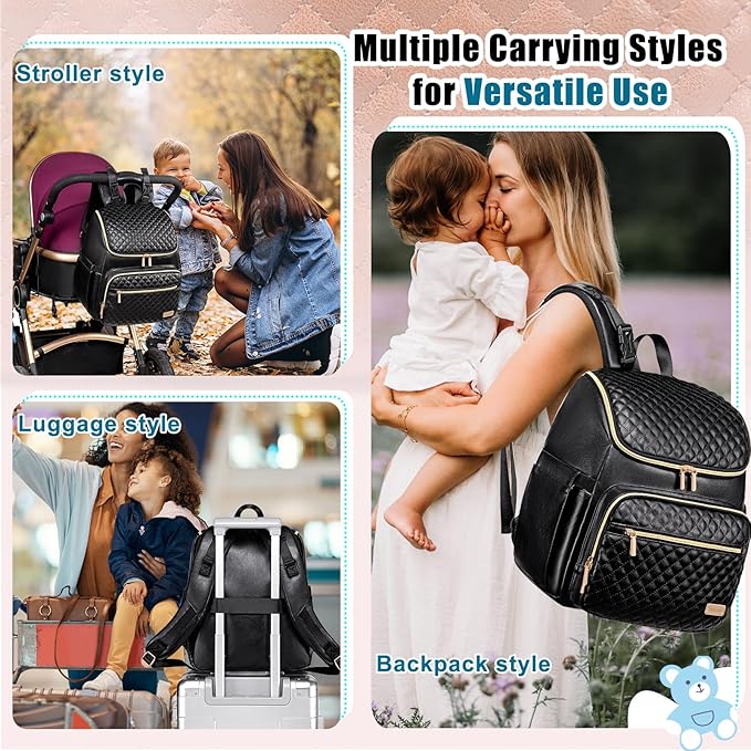 Weitars Diaper Bag Backpack Leather Baby Diaper Bag with Changing Pad Travel Diaper Backpack,Baby Bag for Mom,Stroller Straps,5 Insulated Pockets (Black Leather)