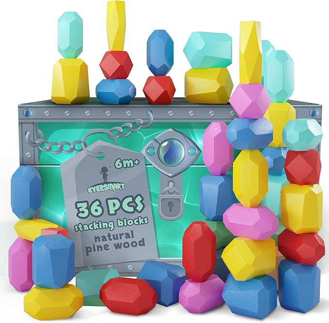 Wooden Stacking Blocks β Montessori Toys for 1 2 3 4 5 6 Year Old Toddlers and Kids, No Choking Hazard β Building Rocks Stones Games, for Girls and Boys