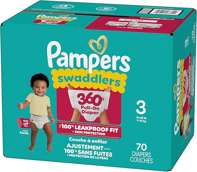 Pampers Diapers - Swaddlers 360° - Size 3, 70 Count, up to 100% Leakproof Comfy Dry Fit, Designed for Easy Changes, Pull On Baby Diaper (Packaging May Vary)