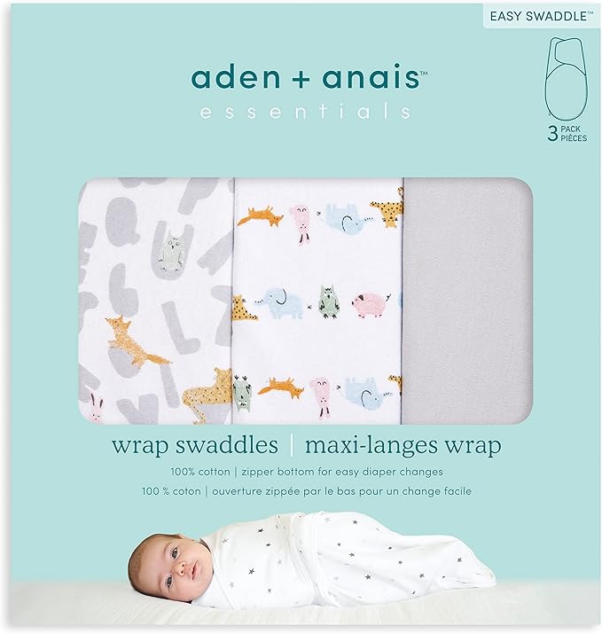 aden + anais Essentials Easy Swaddle Wrap Quick Change with Bottom Zipper, Snug Cotton Knit Baby Wrap Swaddle Blanket for Newborns, TOG 1.0, 3-Pack, Alphabet Animals, 0-3 Months, Small/Medium