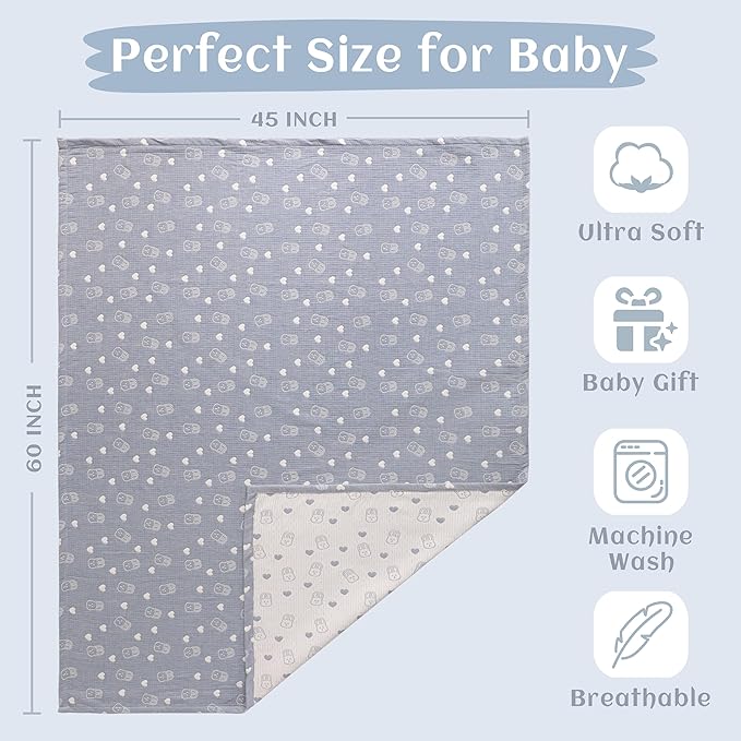 NTBAY 3 Layer Oversized Muslin Cotton Toddler Blanket, Jacquard Reversible Nursery Bed Blanket, Super Soft and Thermal for All Seasons, Baby Gift, 45"x60", Blue Rabbit