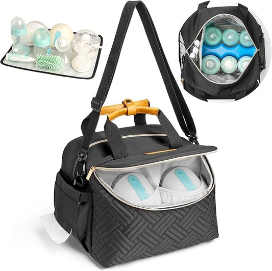 Wearable Breast Pump Bag Portable Breast Pumping Travel Bags for Work Mom Breastmilk Cooler Carrying Case for 6 Bottles with Adjustable Shoulder Strap Dividers Changing Mat
