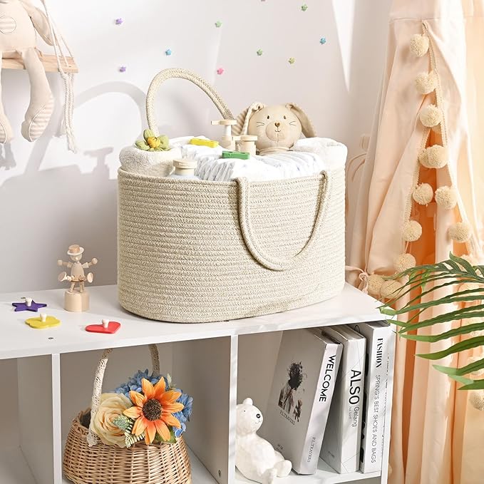 Baby Diaper Caddy Organizer, Cotton Rope Diaper Basket, Baby Basket for Changing Table, Nursery, Car, Changing Table Storage Bin With Removable Divider, Baby Shower Gifts for Newborn, Baby Essentials