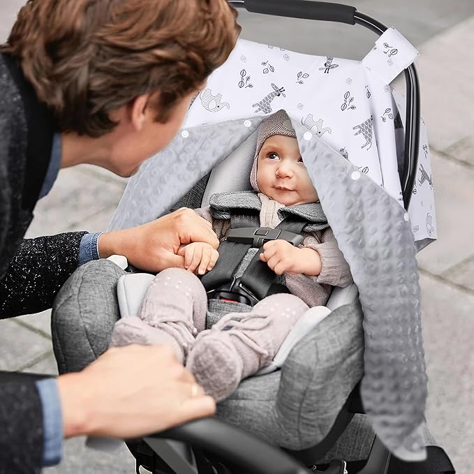 Metplus 2 in 1 Baby Car Seat Cover, Car Seat Canopy for Babies, Mom Nursing Cover, Minky Baby Carrier Covers, Newborn Boy Girl Shower Gift, Elephant Giraffe