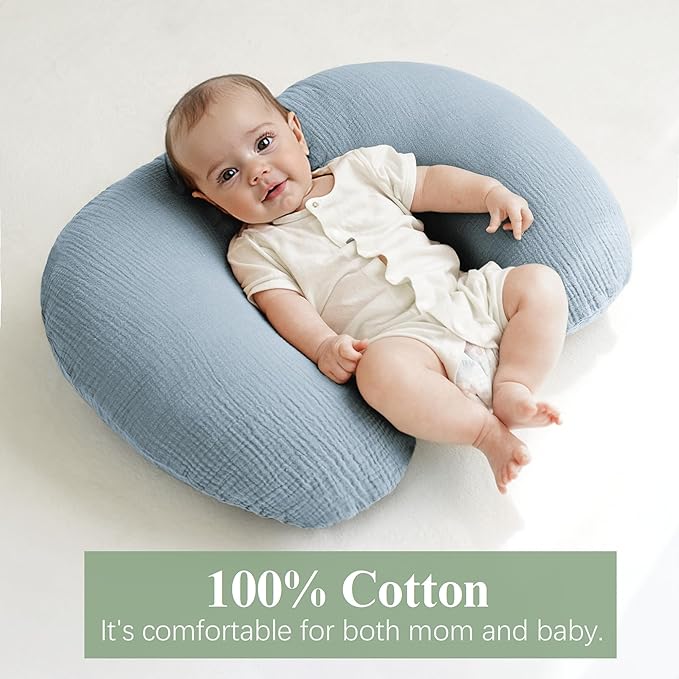 Muslin Nursing Pillow Covers, 2 Pack, Soft & Adorable Slipcovers with Zipper Closure, 100% Cotton Covers for Breastfeeding Pillows (Blue, Moons)