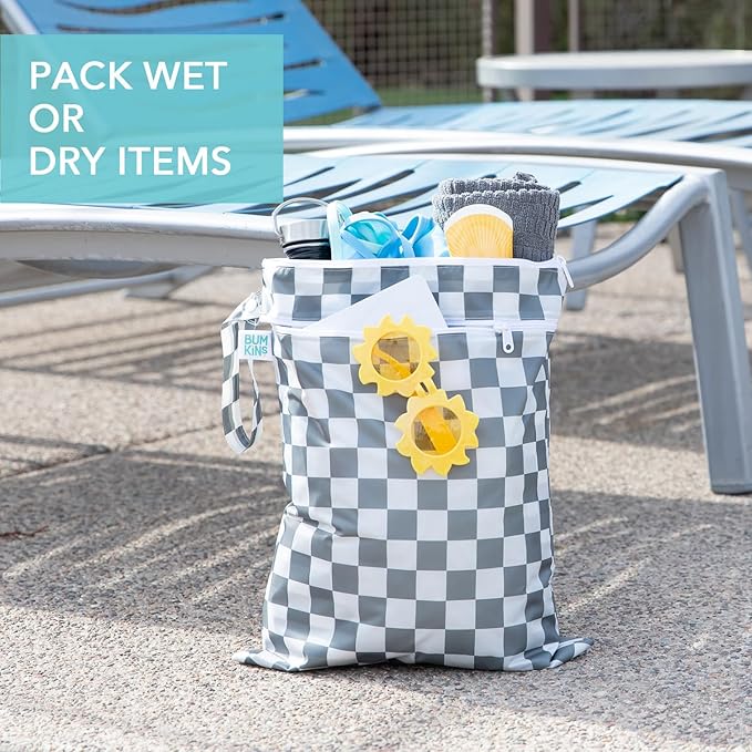 Bumkins Waterproof Wet Dry Bag for Baby, Travel, Swim Suit, Cloth Diapers, Pump Parts, Pool, Beach, Gym Clothes, Toiletry, Hook to Stroller, Daycare, Zipper Reusable Wetdry Packing Pouch, Gray Check