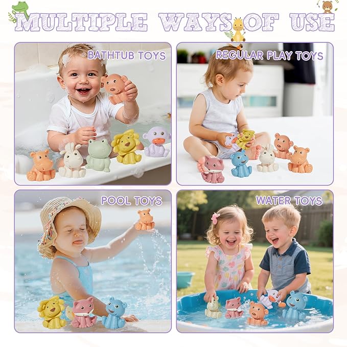 Bath Toys, Wild Animal 9 Pack | Sealed, No Hole & Mold Free Bath Toys Design | Soft, Squeezable & Float on Water | Safe, Easy-Grip Baby & Toddler Bath Toy Set | Baby Pool Toys