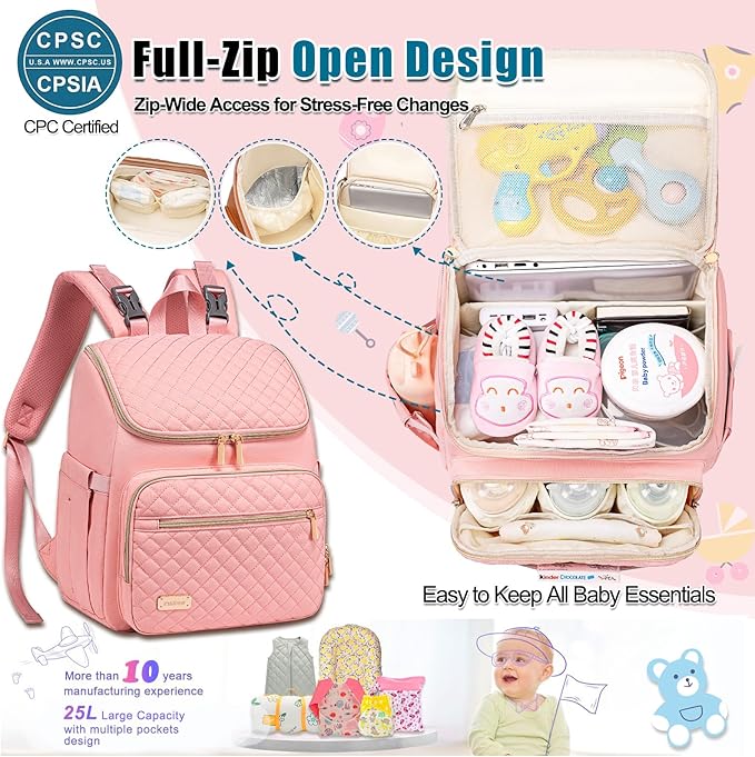 Weitars Diaper Bag Backpack Large Baby Diaper Bag with Changing Pad Travel Diaper Backpack,Baby Bag for Boys Girls,Stroller Straps,5 Insulated Pockets (Pink)