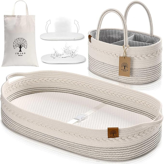 Baby Changing Basket Includes Diaper Caddy - Breathable & Waterproof Dual-Cover, Portable, Changing Pad for Dresser & Changing Table, Gift for Baby Shower, Cotton Rope Basket for Baby