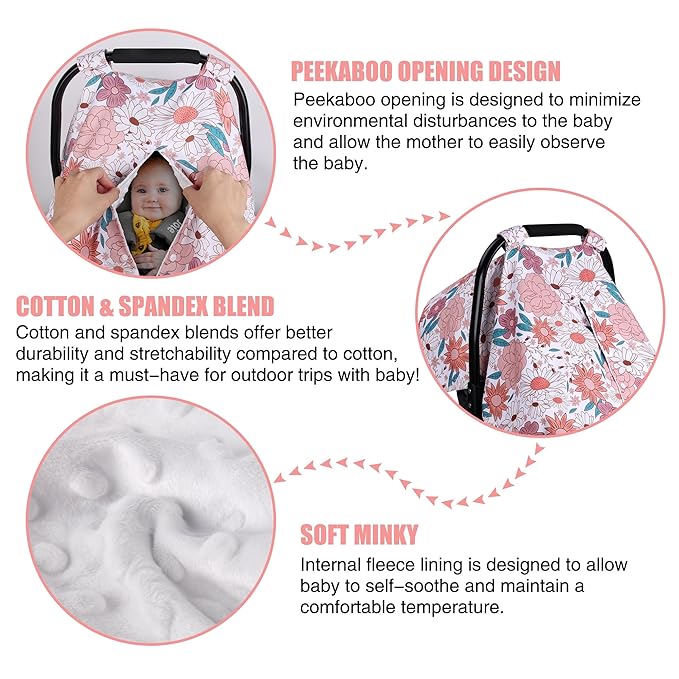 Metplus 2 in 1 Flowers Baby Car Seat Cover, Car Seat Canopy for Babies, Mom Multiuse Nursing Cover, Minky Baby Carrier Covers, Newborn Boy Girl, Peekaboo Opening