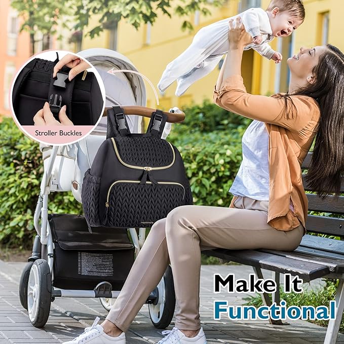 mommore Diaper Bag Small Diaper Backpack Stylish Baby Travel Backpacks with Insulated Pockets, Changing Pad, Stroller Straps