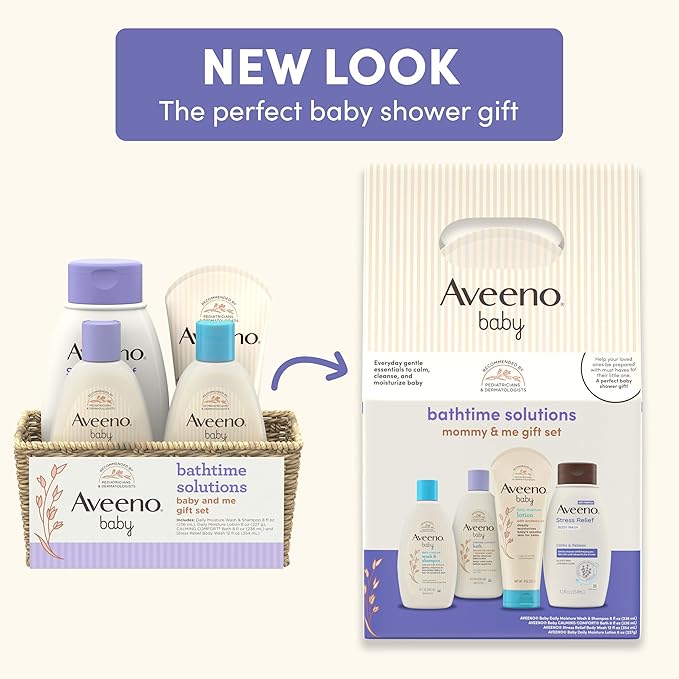 Aveeno Baby Bathtime Solutions Mommy & Me Gift Set, Baby Wash & Shampoo, Calming Bath, Daily Moisturizing Lotion and Stress Relief Body Wash for Mom, Colloidal Oat, Baby Bath Essentials, 4 items