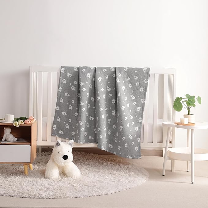 NTBAY 3 Layer Muslin Cotton Toddler Blanket, Jacquard Reversible Nursery Bed Blanket, Super Soft and Thermal for All Seasons, Decoration Gift, 30"x40", Dark Grey Elephant