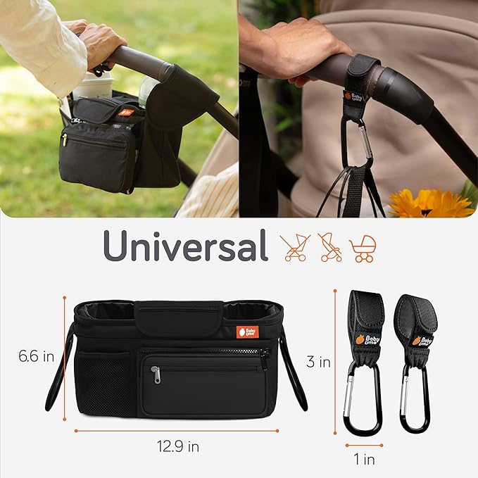 Baby Uma Stroller Caddy & Stroller Hooks - Universal Organizer Bag with XL Insulated Cup Holder, Phone Pocket, Wipes Dispenser, Wrist Bag & Mesh Pocket + 2 Carabiner Clips, Baby Travel Essential Kit