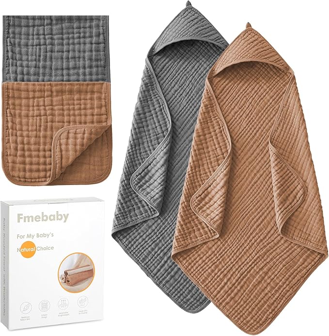 Hooded Baby Towels for Newborn, 2 Pack 36x36Inch Muslin Cotton Baby Bath Towel and 2 Pack 12x12Inch Washcloth Set with Hood for Babies, Toddler and Kids, Essentials Must Haves(Grey and Coffee)