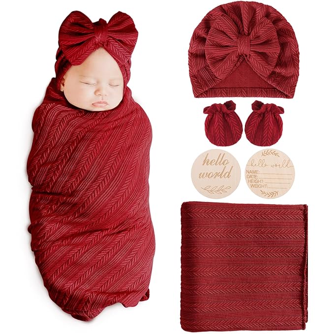 Newborn Receiving Blanket with Bow Hat Mittens Wooden Card Set Wheat-Pattern Newborns Toddler Baby Boy Girl Nursery Swaddle Wrap