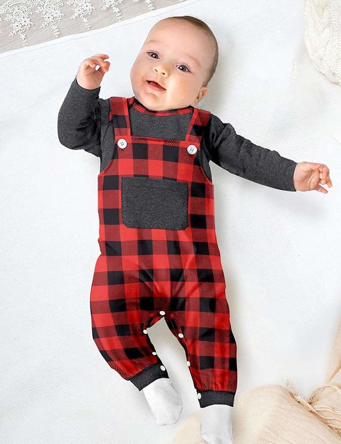Baby Boy Clothes Long Sleeve Animal Plaid Romper + Overalls Infant Boy Clothes 2PCS Fall Winter Outfits