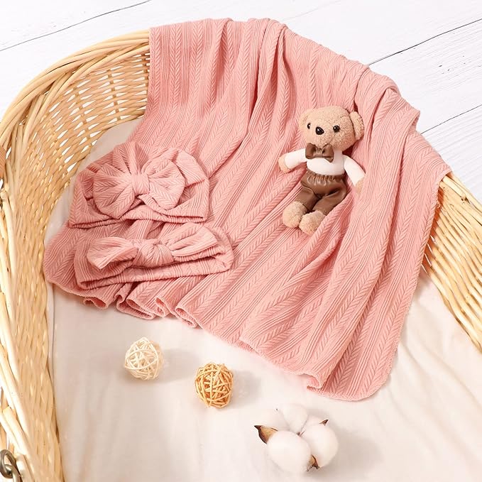 Newborn Receiving Blanket with Bow Hat Headband Wooden Card Set Wheat-Pattern Newborns Toddler Baby Boy Girl Nursery Swaddle Wrap