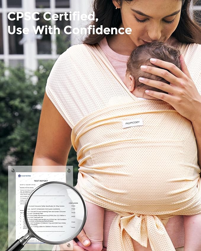 Momcozy Baby Carrier AirMesh - The Perfect Summer Sling for Newborns to Toddler 8-35 lbs - Cooling Fabric Baby Wrap, Lightweight, Ergonomic, and Easy to Wear, Light Beige