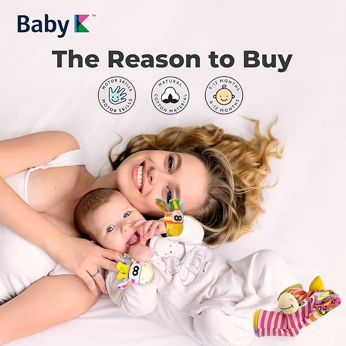 BABY K Foot Finder Socks & Wrist Rattles (Set I) - Newborn Toys for Baby Boy or Girl - Brain Development Infant Toys - Hand and Foot Rattles Suitable for 0-3, 3-6, 6-12 Months Babies
