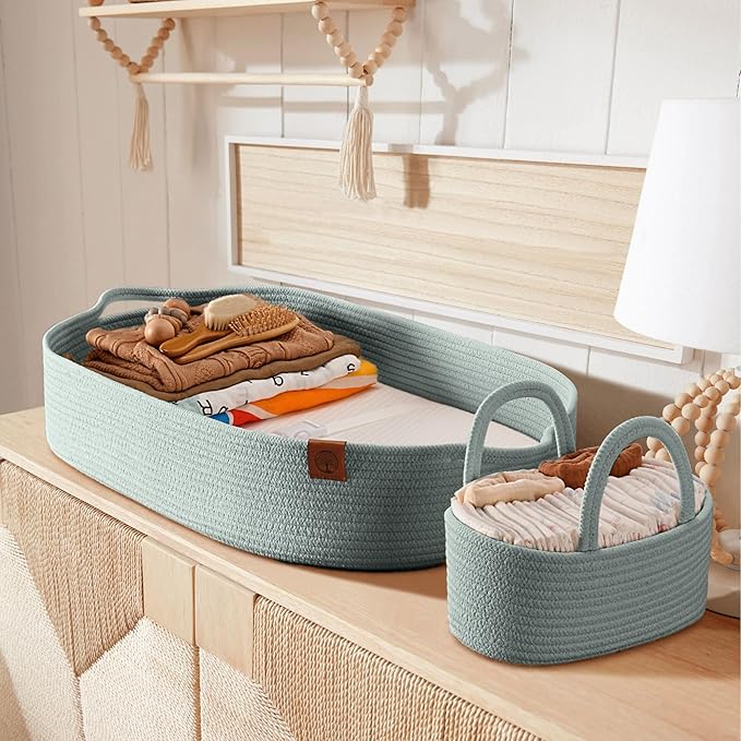 Baby Changing Basket Includes Diaper Caddy - Breathable & Waterproof Dual-Cover, Portable, Changing Pad for Dresser & Changing Table, Gift for Baby Shower, Cotton Rope Basket for Baby