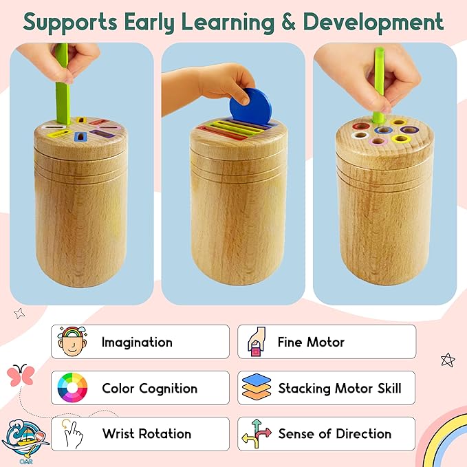 OAR Montessori Toys for Toddlers 1-3 – 3 in 1 Wooden Fine Motor Skills Toy Set | Color Sorting, Coin Drop, Sensory Learning | Educational Beech Wood Toys for Boys and Girls