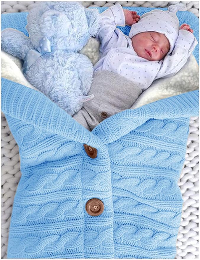 XMWEALTHY Unisex Infant Swaddle Blankets Soft Thick Fleece Knit Baby Girls Boys Stroller Wraps (Light Blue)