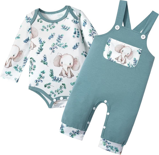 Baby Boy Clothes Long Sleeve Animal Plaid Romper + Overalls Infant Boy Clothes 2PCS Fall Winter Outfits