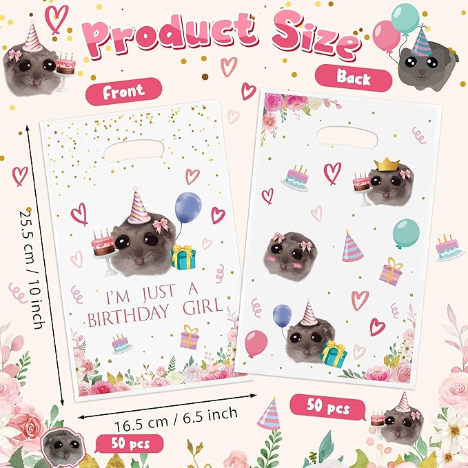 50Pcs Hamster Party Favor Bags, Sad & Cute Hamster Themed Goodies Candy Treat Bags Party Decorations for Girls Birthday Baby Shower Animals Themed Activities Supplies