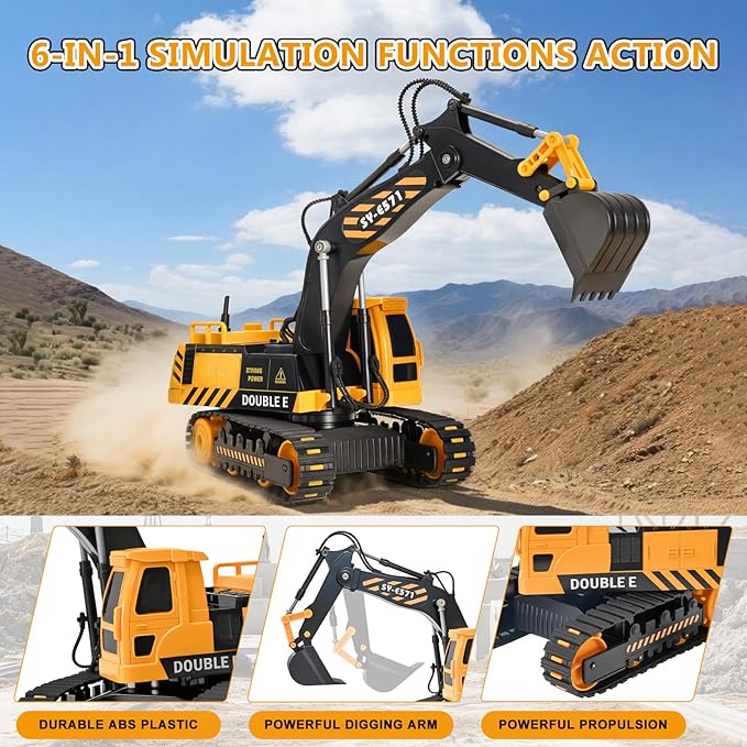 DOUBLE E Remote Control Excavator Toy, RC Excavators Sandbox Digger Hydraulic Construction Toys - Realistic Construction Vehicle with 6 Functions, Xmas Gift for Kids 3-14 Years