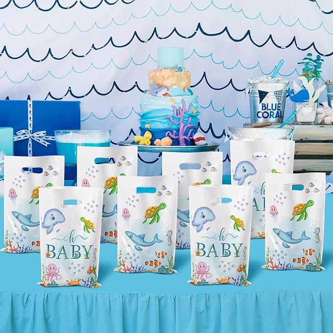Summer Ocean Party Favor Bags - 50Pcs Sea Ocean Animals Goody Candy Treat Gifts Bags, Watercolor Under the Sea Themed Party Decorations for Kids Boys Girls Birthday Baby Shower Supplies