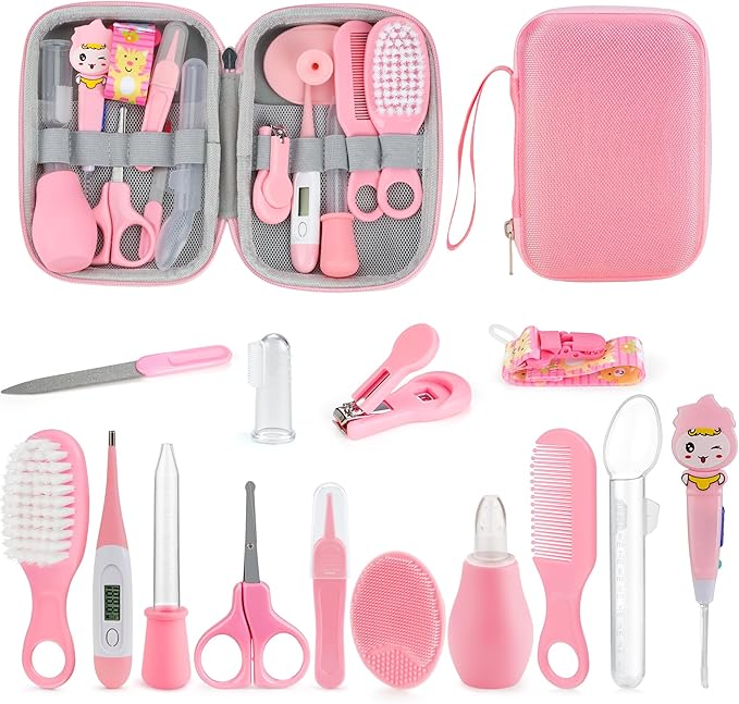 OTTOLIVES Baby Healthcare and Grooming Kit, 15 in 1 Baby Shower Gifts with Nail File, Hair Brush Comb, Toothbrush, Nasal Aspirator, Baby Essentials Kit for Newborn Infant Girls Boys (Pink)