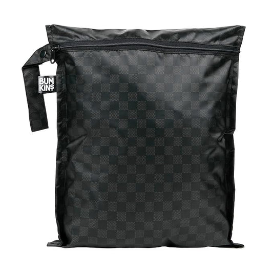 Bumkins Waterproof Wet Bag for Baby, Travel, Swim Suit, Cloth Diapers, Pump Parts, Pool, Beach, Gym Clothes, Toiletry, Hook to Stroller, Daycare, Zipper Reusable Wetdry Packing Pouch, Black Check