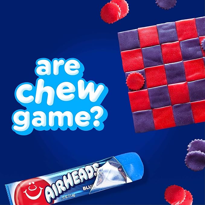 Airheads Candy, Blue Raspberry Flavor, Individually Wrapped Full Size Bars, Taffy, Non Melting, Party, Pack of 36 Bars