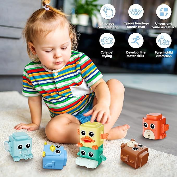Stacking Toys Set for Toddlers 18+ Months, 6 in 1 Infant Sensory Toys with Changing Expressions, Pressable Animal Stacking Blocks, Christmas Birthday Gifts for 1 2 3 4 Years Old Baby Boys Girls