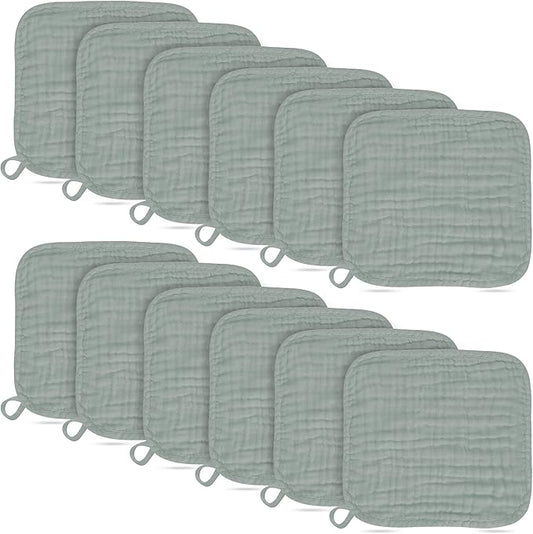 Baby Washcloths -100% Cotton Muslin Soft Baby Bath Wash Cloths and Absorbent Baby Wipes for Newborns Kids Girls and Boys - 12 Pack, 12x12 Inches - Green