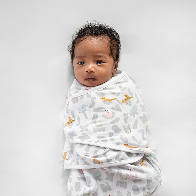 aden + anais Essentials Easy Swaddle Wrap Quick Change with Bottom Zipper, Snug Cotton Knit Baby Wrap Swaddle Blanket for Newborns, TOG 1.0, 3-Pack, Alphabet Animals, 0-3 Months, Small/Medium