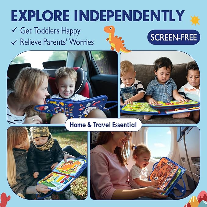 Busy Board Montessori Toys for Toddlers 1 2 3 4 Years Old, Busy Book for Toddlers 1-3 to Develop Fine Motor Skills, Travel Educational Gift for Boys (Dinosaur)