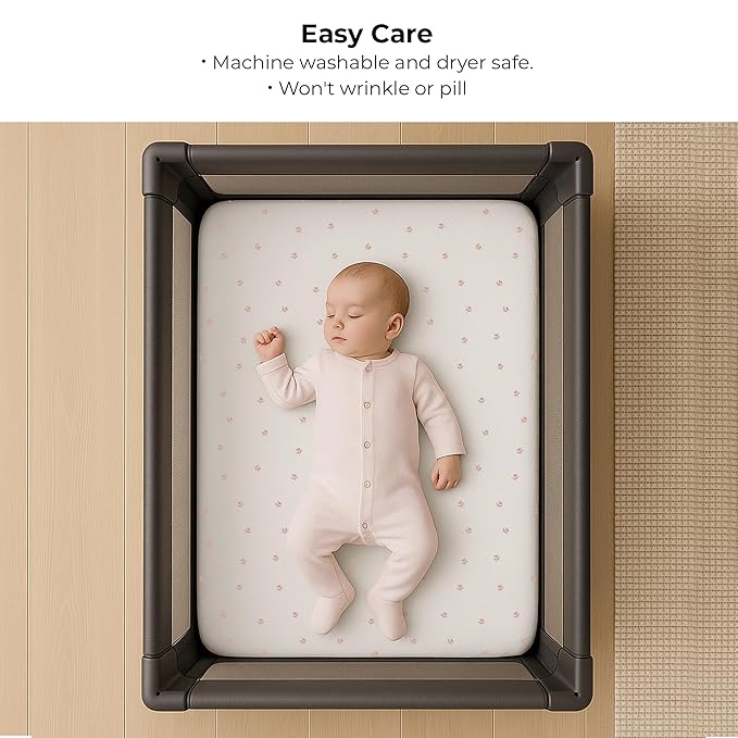 Ely’s & Co. Pack and Play Sheets, for Mini/Portable Crib, 2 Pack Fitted Playpen Play Yard Sheet Set Compatible with Graco Pack n Play, for Baby Girls, 100% Cotton, Pink Tulips and Stripes, 38”x24”x5”