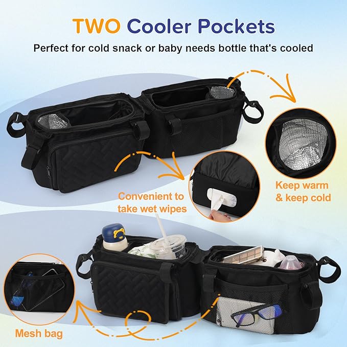 Double Stroller Caddy Organizer with 2 Insulated Cup Holder, Parent Console Fits for BOB Duallie, Jeep, Baby Jogger City Mini GT2 and UPPAbaby, Double Jogging Stroller Accessories