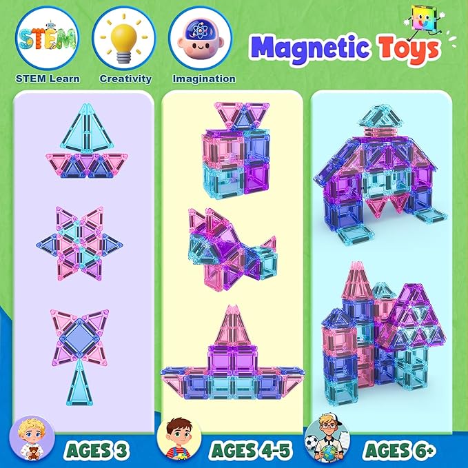 Magnetic Tiles Toddler Toys Travel Essential Games Magnet Building Blocks STEM Sensory Educational Toys for 3 4 5 6 7 8+ Year Old Boys Girls Christmas Birthday Gifts