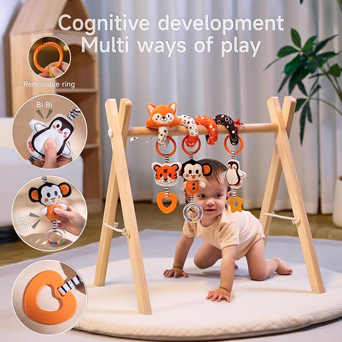 TUMAMA Baby Car Seat Toys, Black and White High Contrast Newborn Infant Hanging Toys, Crib Stroller Spiral Wrap Toys with 3 PCS Animal Rattles, Sensory Toys for 0-12 Months